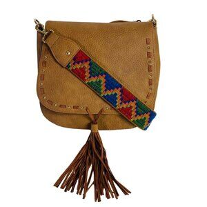 Madden Brown Saddle Bag Flap Fringe Tassel Wide Hippie Strap Aztec VTG Inspired